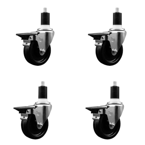 4'' Phenolic Swivel 1-1/2'' Expanding Stem Caster Set with Brake, 4PK